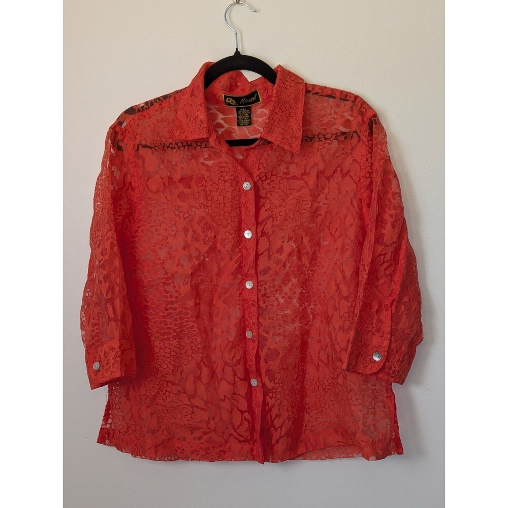 Marisol Orange Sheer Burnout Lace Button Down Blouse - Size Large